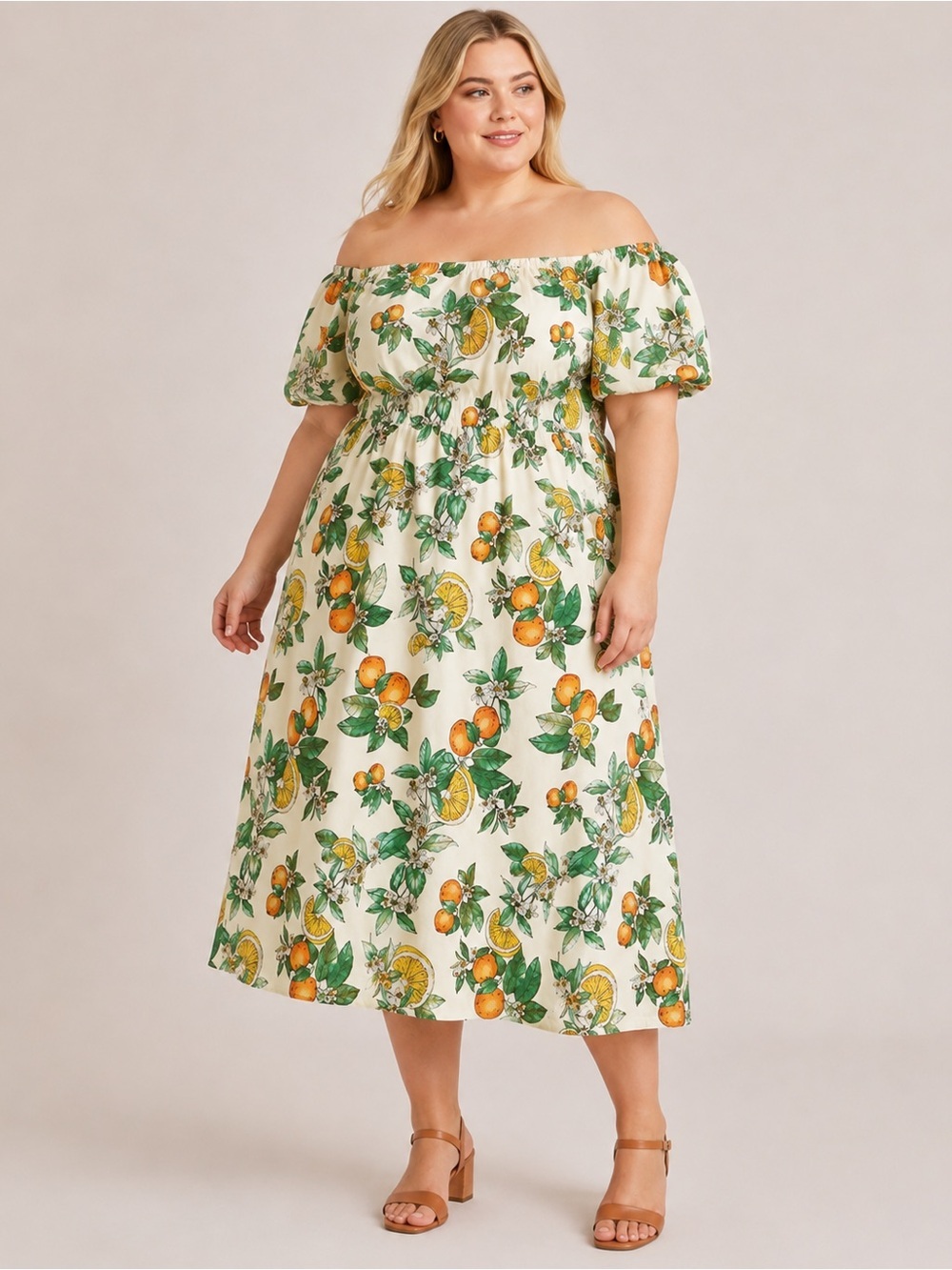 Lane Bryant Citrus Orange Lemon Print Linen Blend Midi Dress Size 18